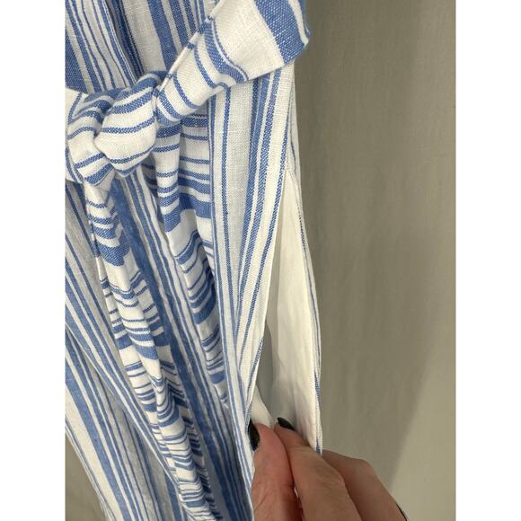 AYR Dress Womens XS Blue Striped Maxi Linen Button Tie Front Pockets Coastal - Picture 6 of 8